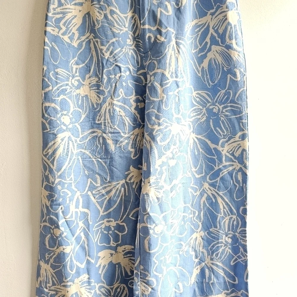 New Zara Full Length Floral Linen Blend High Waisted Blue/White Pants NWT Small